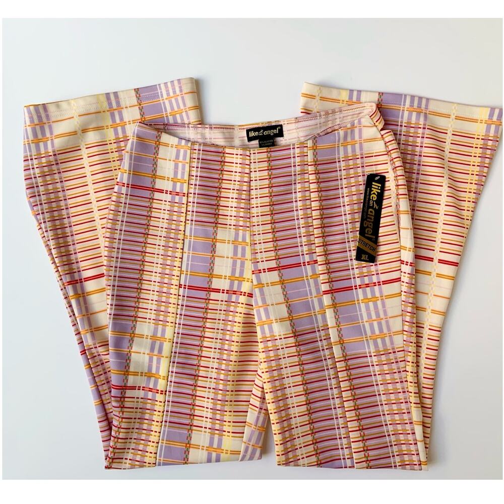 NWT Like an Angel Plaid Cut Out Back Colorful Y2K Style Flared Pants Women's XL